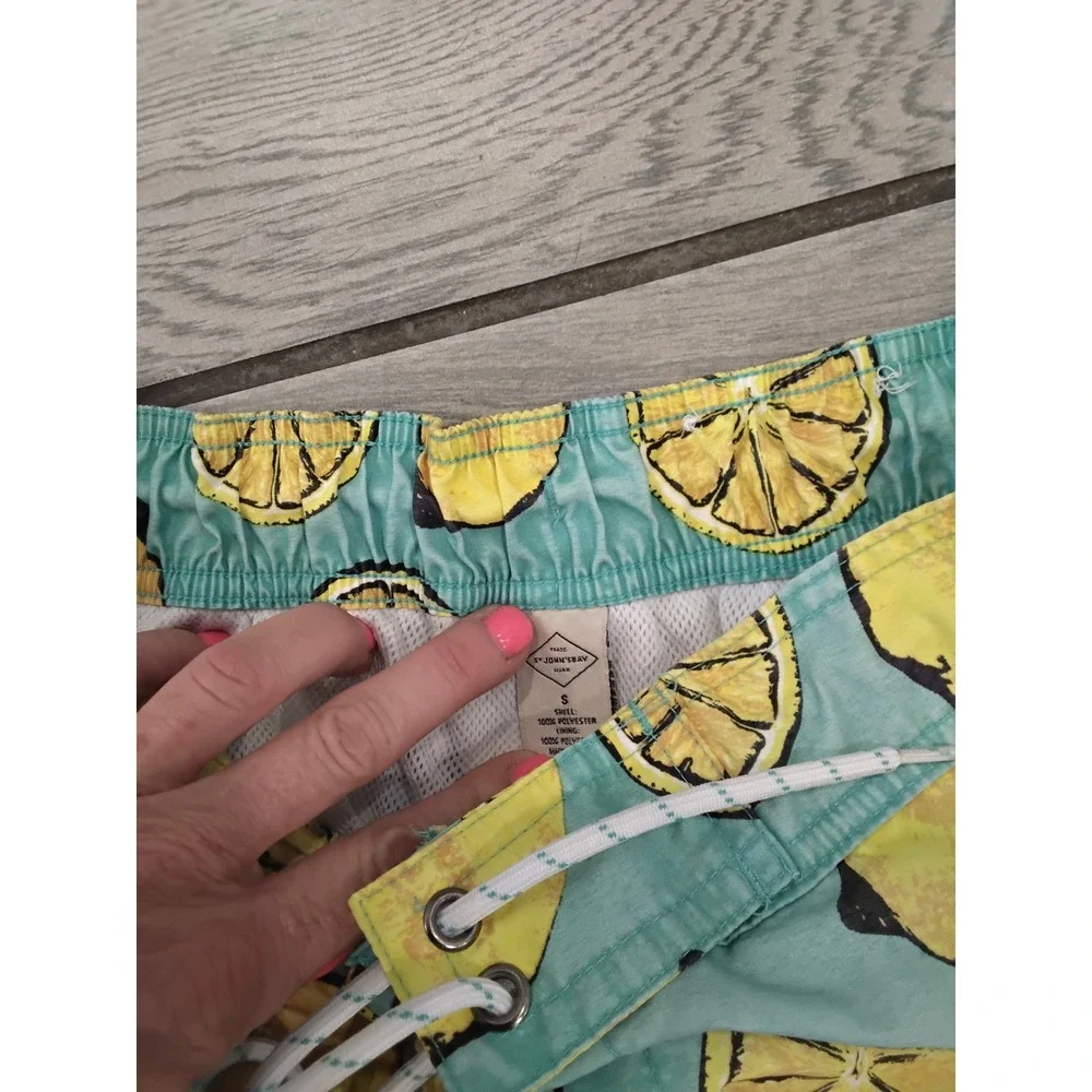 St Johns Bay Mens Lemon Print Swim Trunks‎ Teal Blue Mesh Lined Board Shorts S